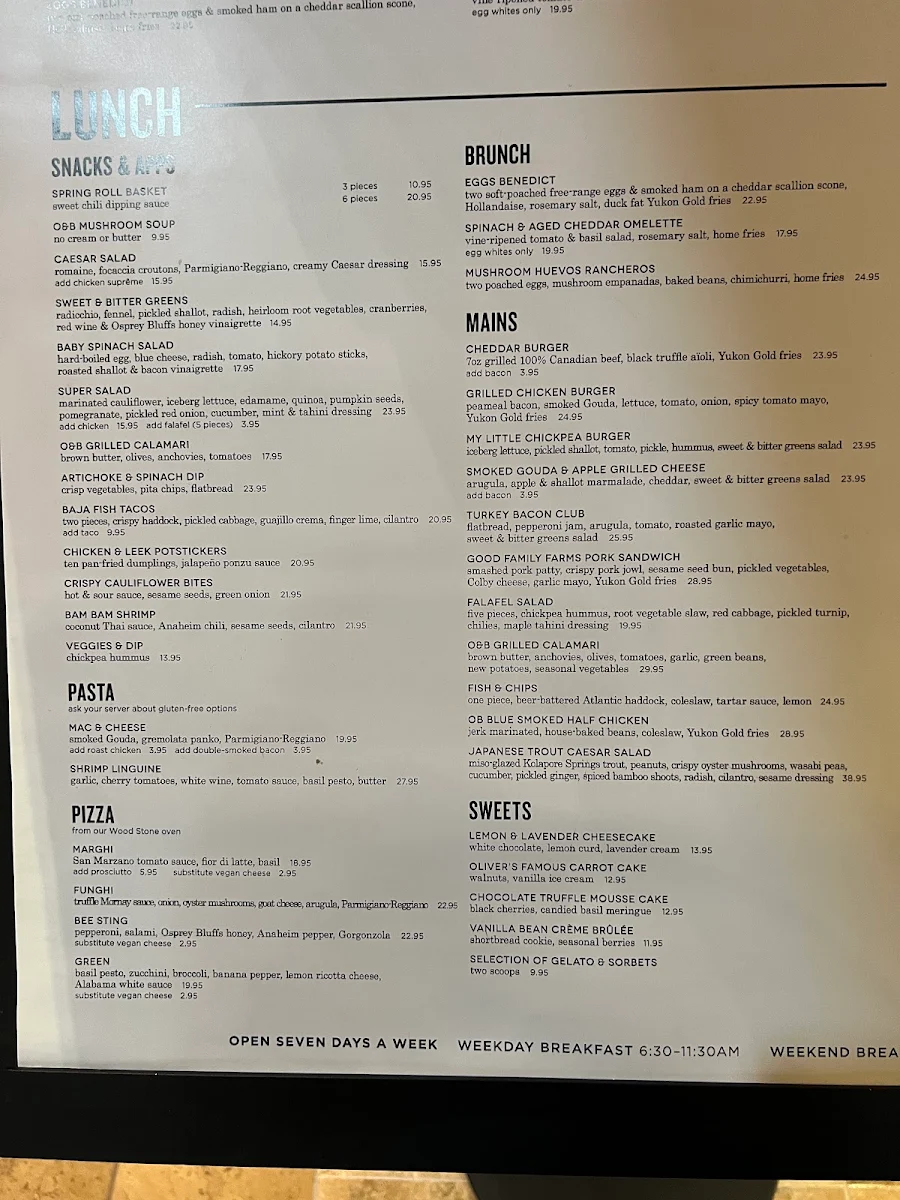 Menu, Oliver & Bonacini Café Grill, Blue Mountain