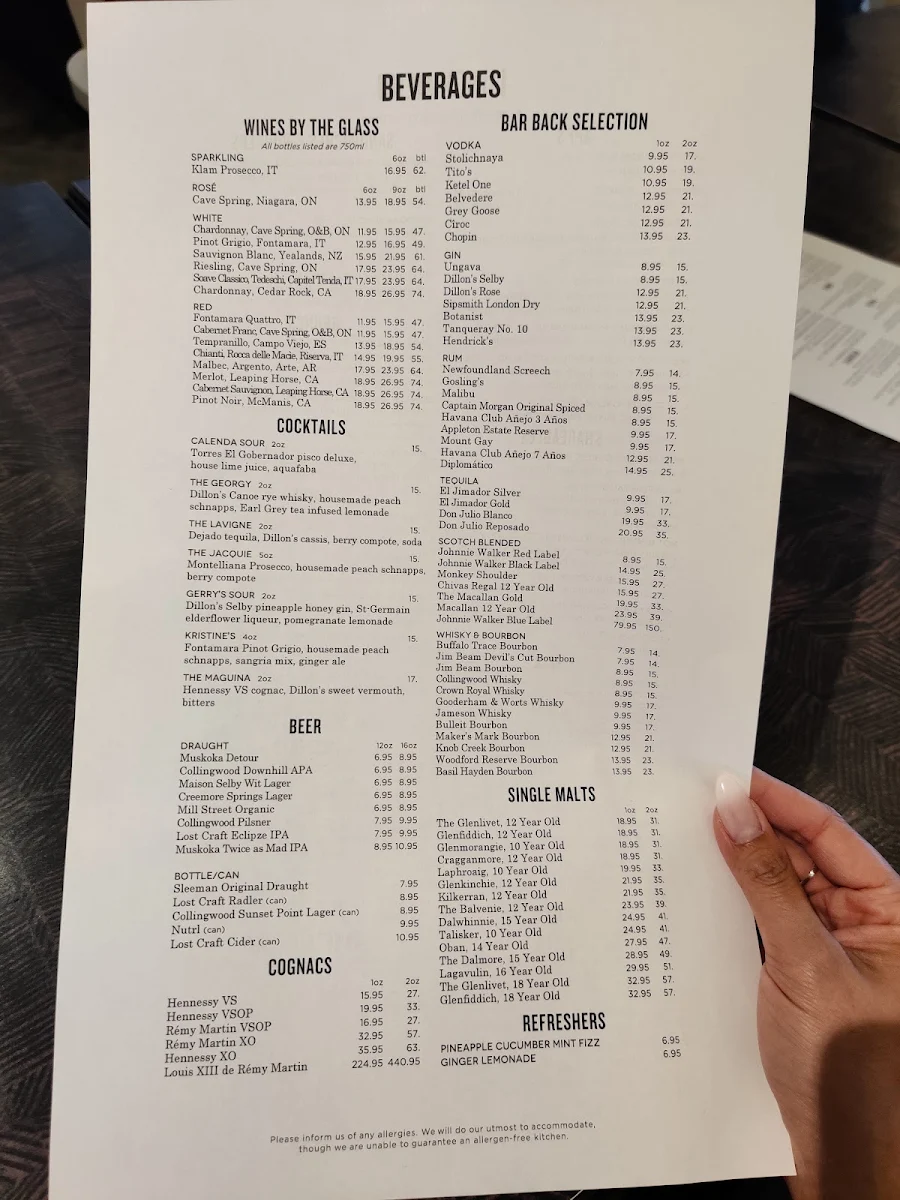 Menu, Oliver & Bonacini Café Grill, Blue Mountain