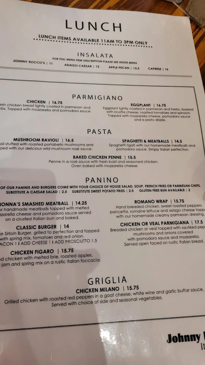 Menu, Johnny Rocco's Italian Grill