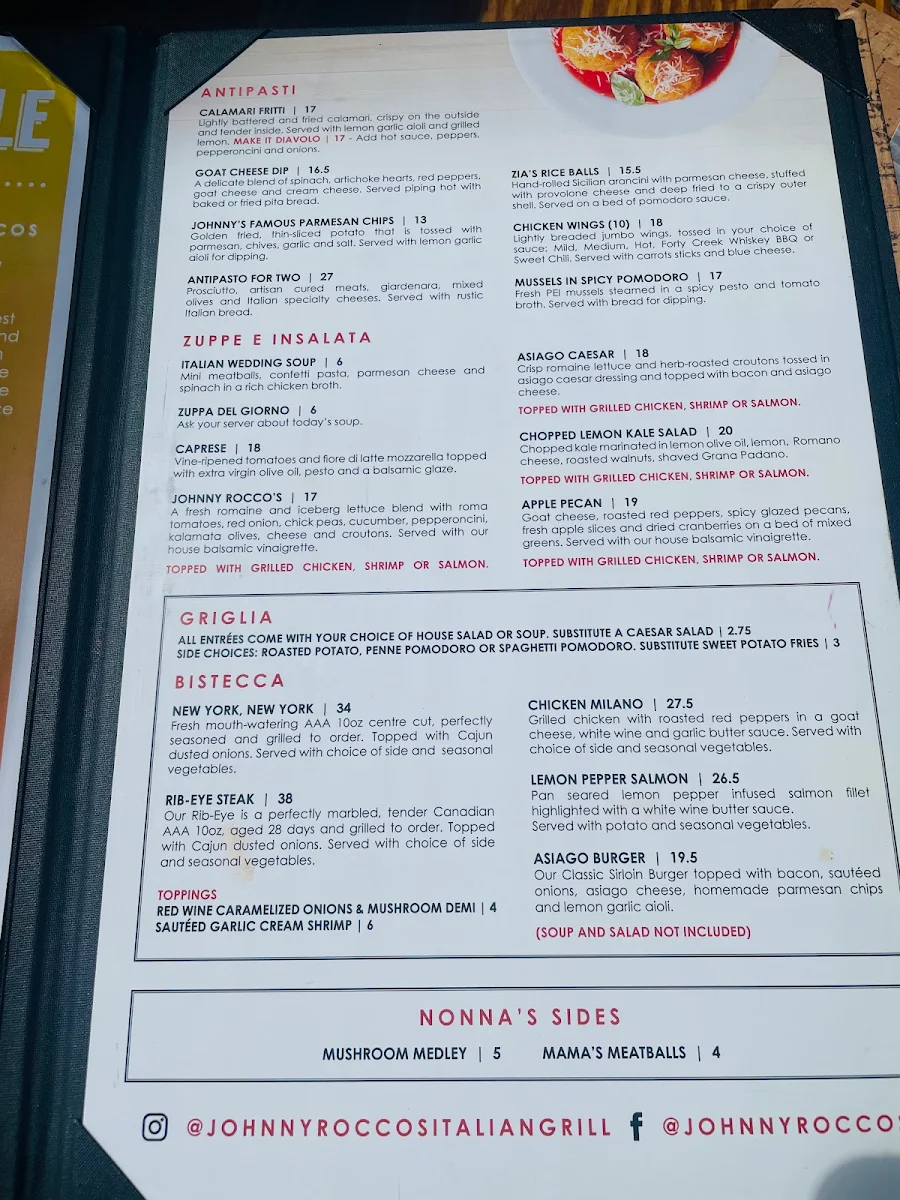 Menu, Johnny Rocco's Italian Grill