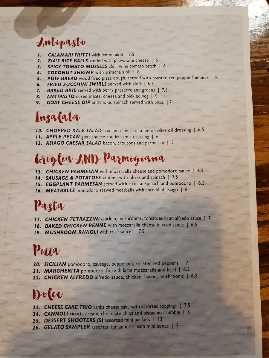 Menu, Johnny Rocco's Italian Grill