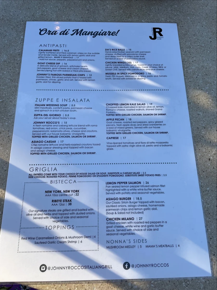 Menu, Johnny Rocco's Italian Grill