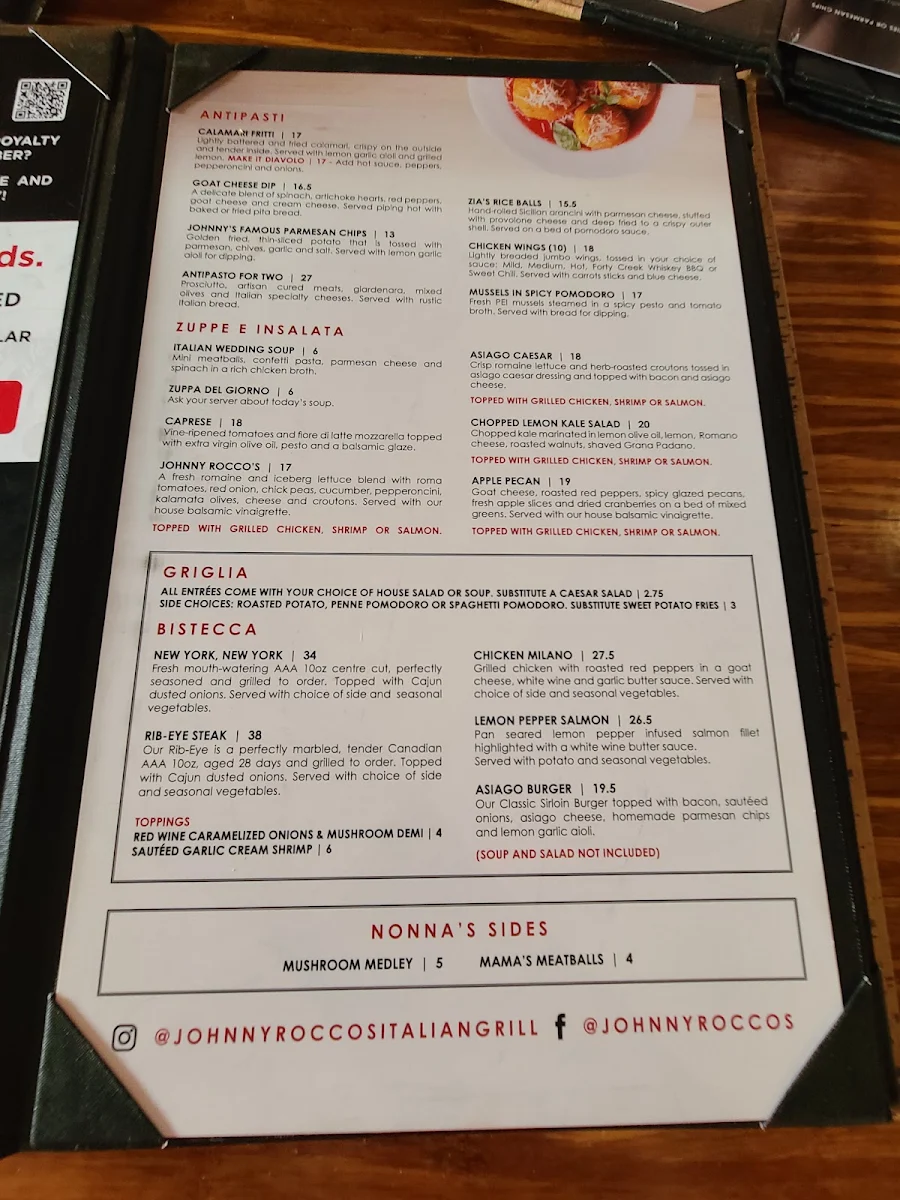 Menu, Johnny Rocco's Italian Grill
