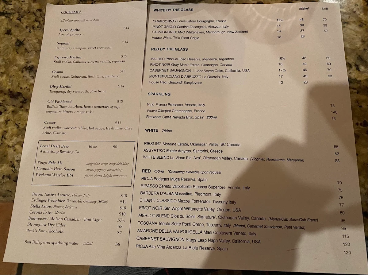 Menu, Giorgio's Cuccina