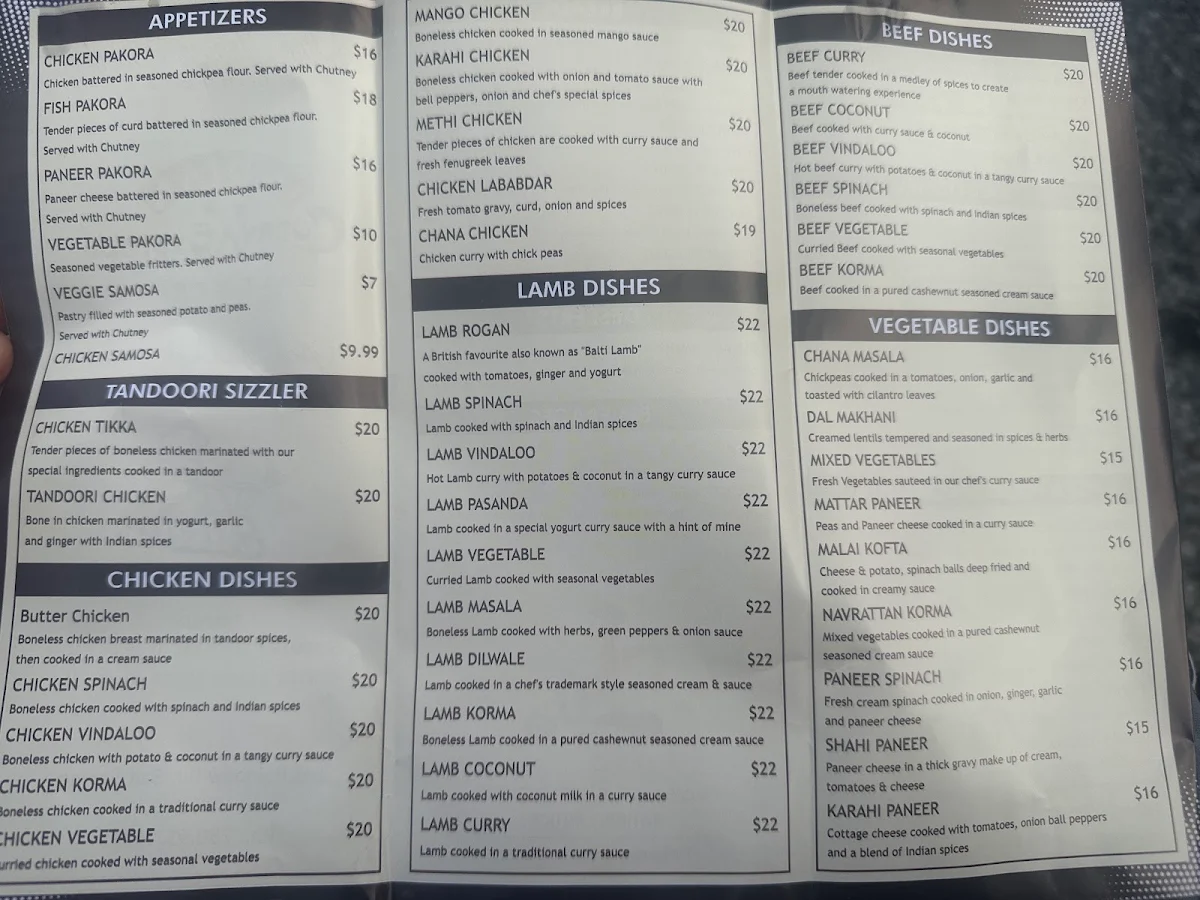 Menu, Indian curry express