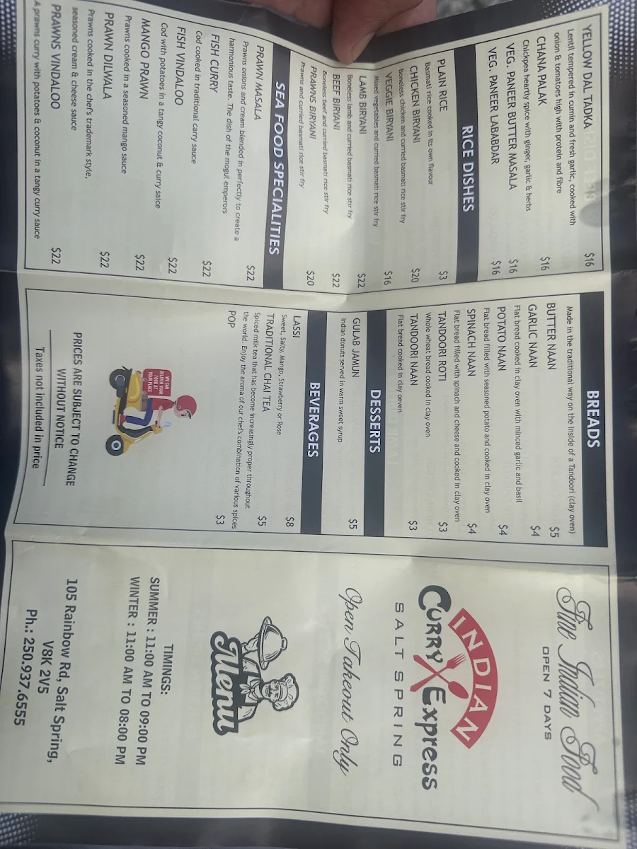 Menu, Indian curry express