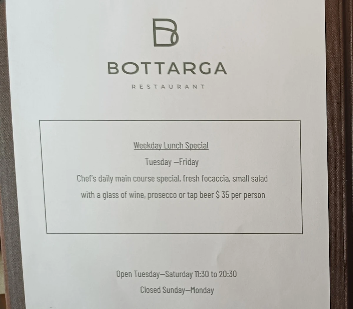 Menu, Bottarga By Da Biuso Restaurant
