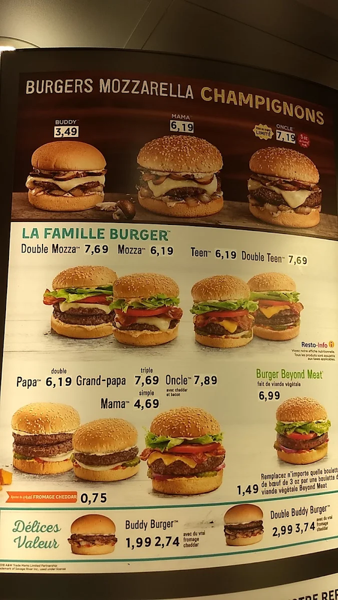 Menu, A&W Canada