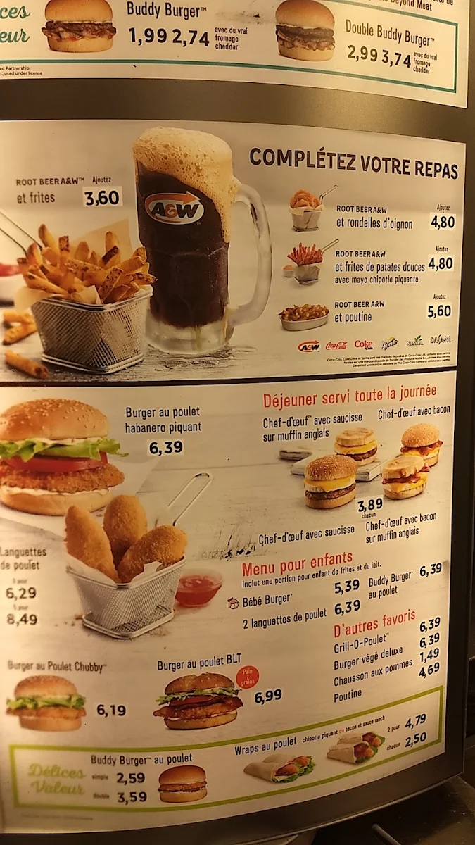 Menu, A&W Canada