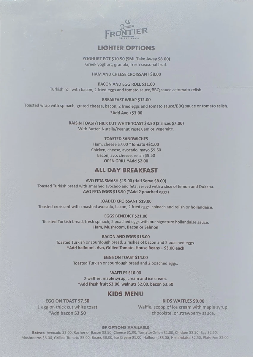 Menu, Frontier Coffee House