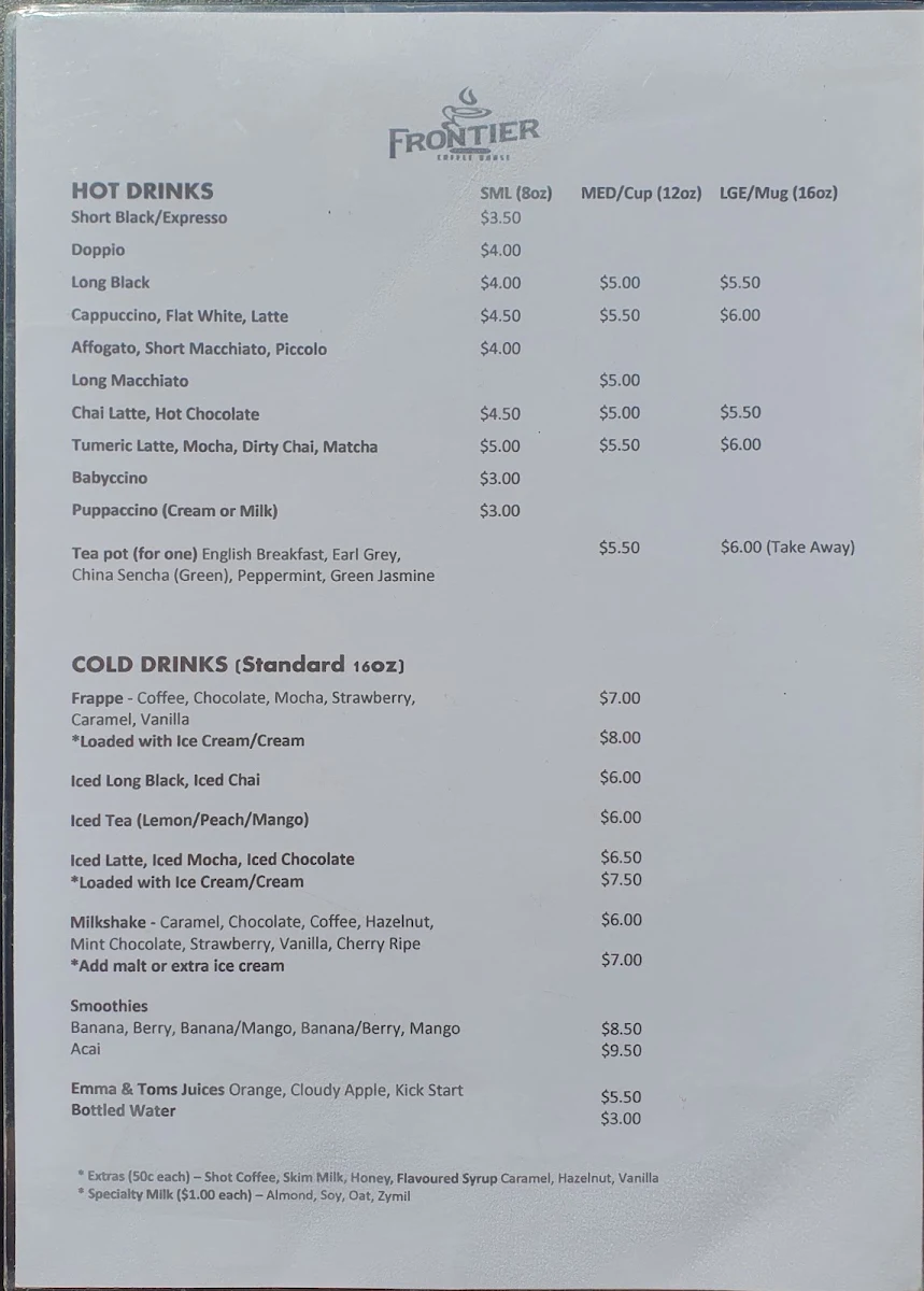 Menu, Frontier Coffee House