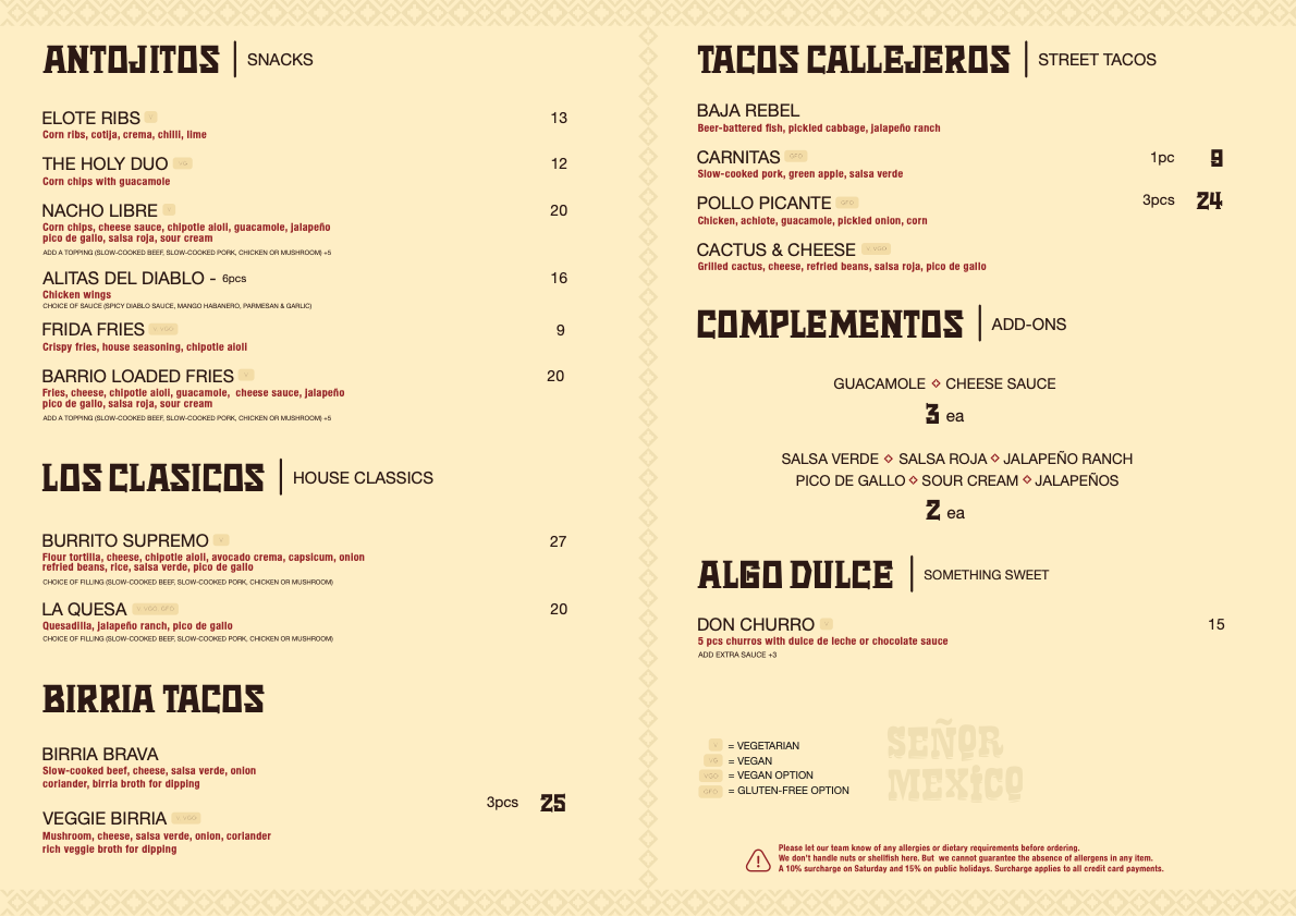 Menu, Señor Mexico