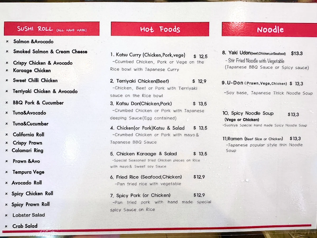 Menu, St Ives Sushiya
