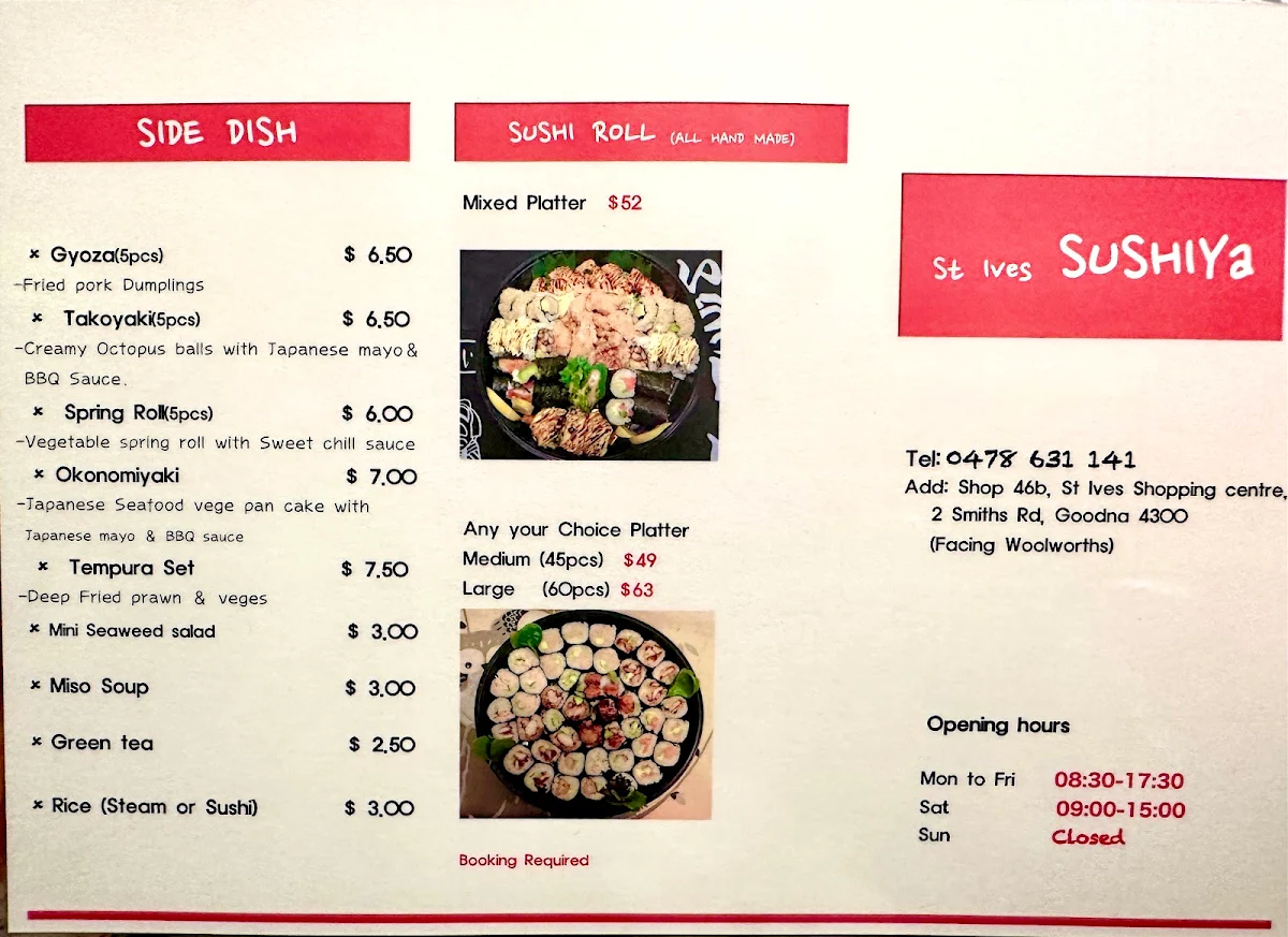 Menu, St Ives Sushiya
