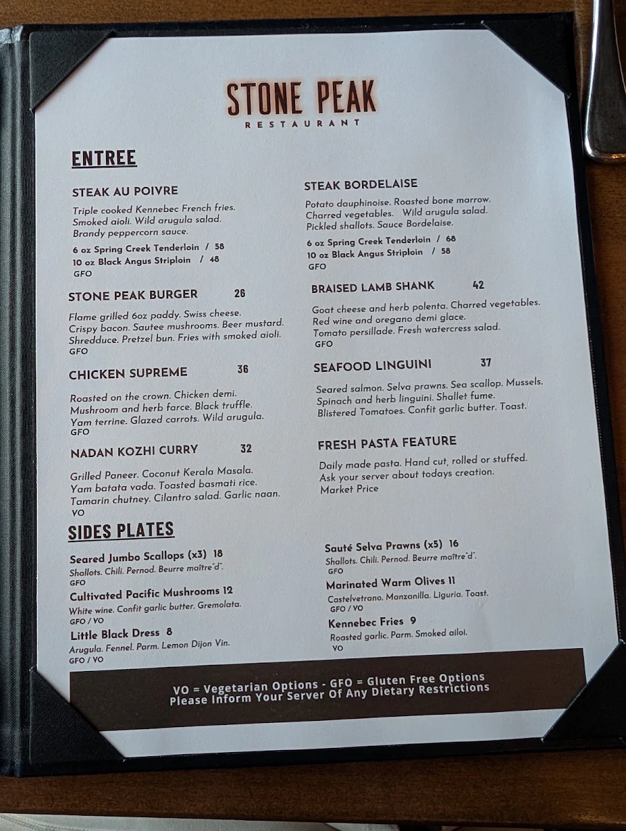 Menu, Stone Peak Restaurant