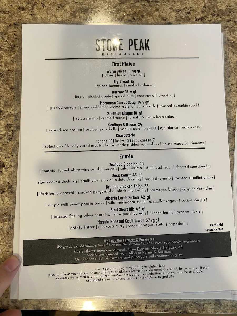 Menu, Stone Peak Restaurant