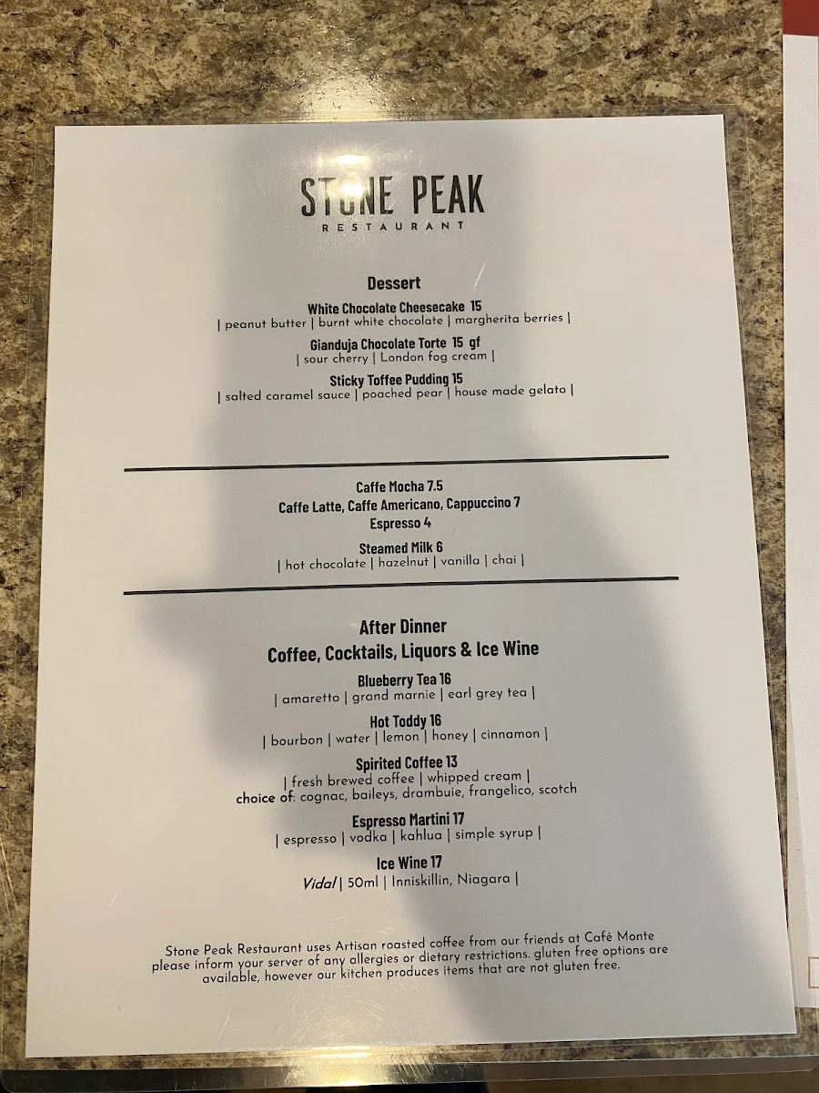 Menu, Stone Peak Restaurant