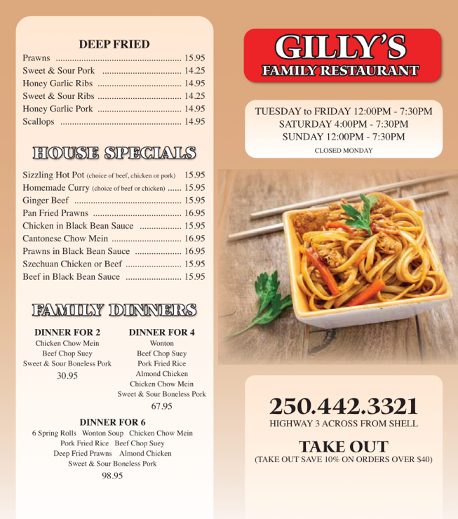Menu, Gilly's Restaurant