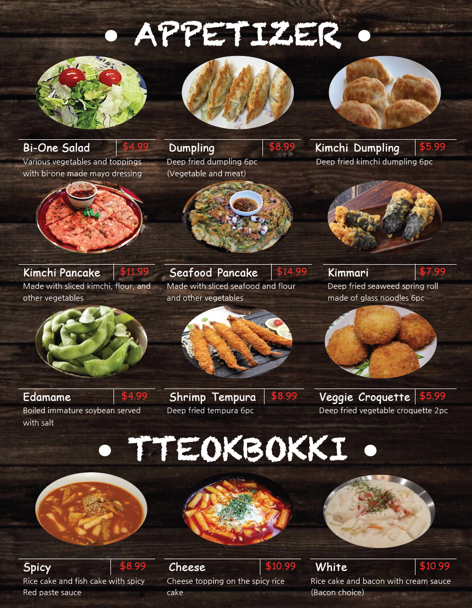 Menu, Bi-One Korean BBQ