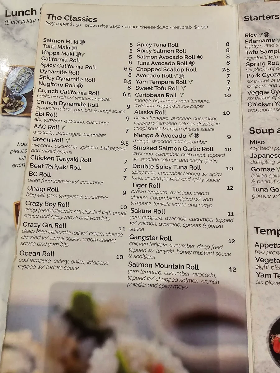 Menu, Sushi Nara