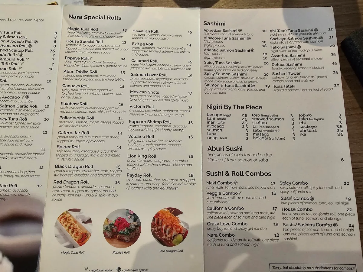 Menu, Sushi Nara