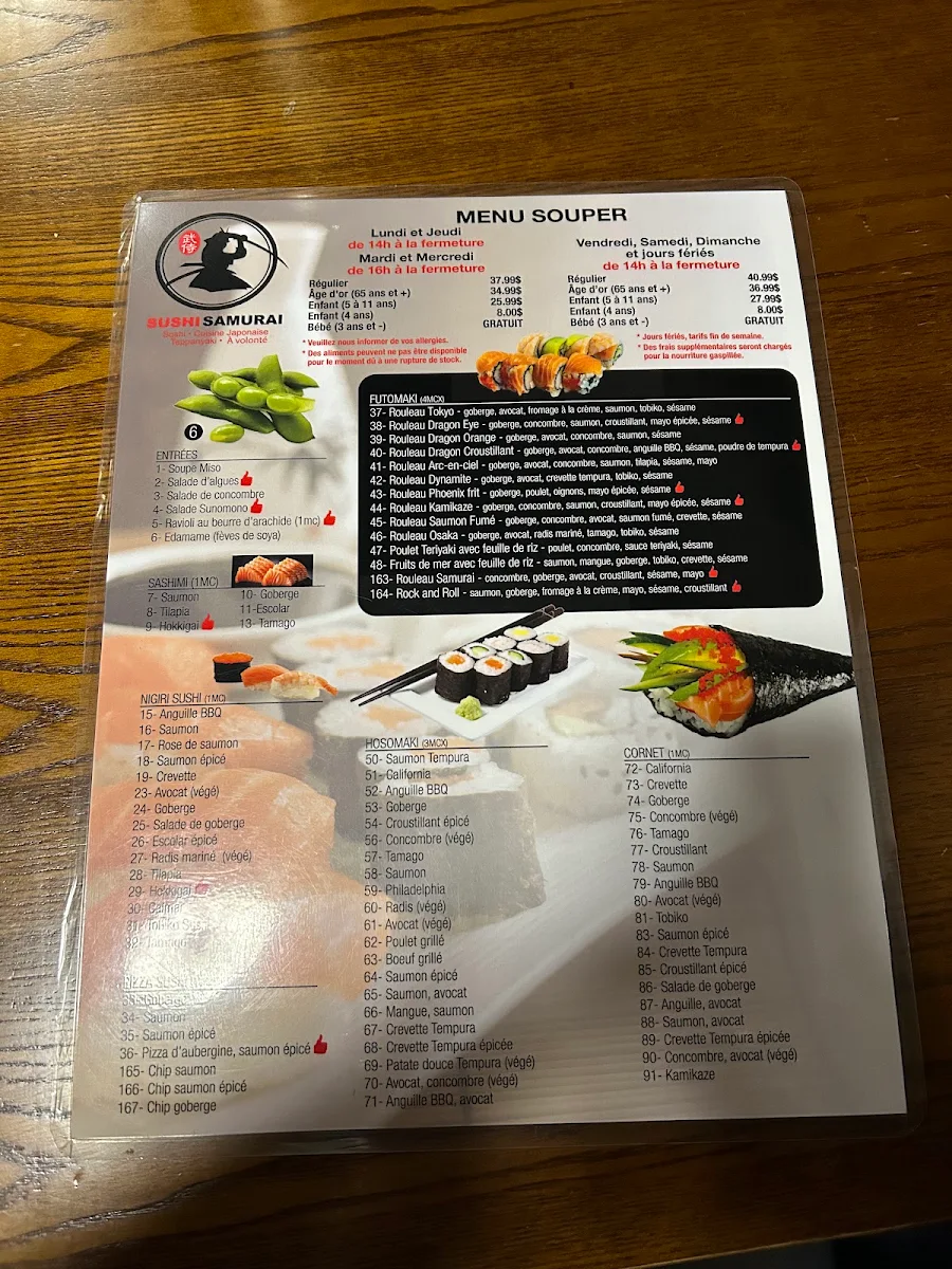 Menu, Sushi Samurai