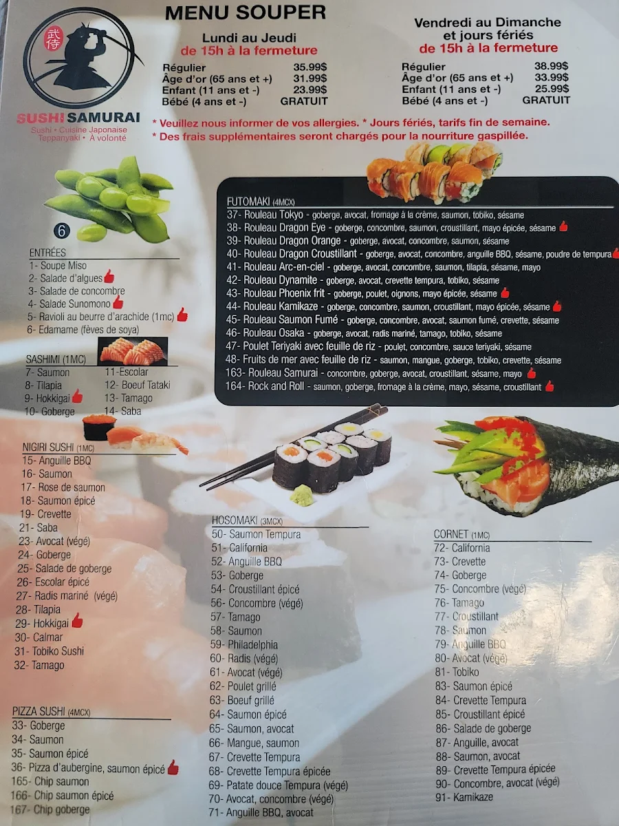 Menu, Sushi Samurai