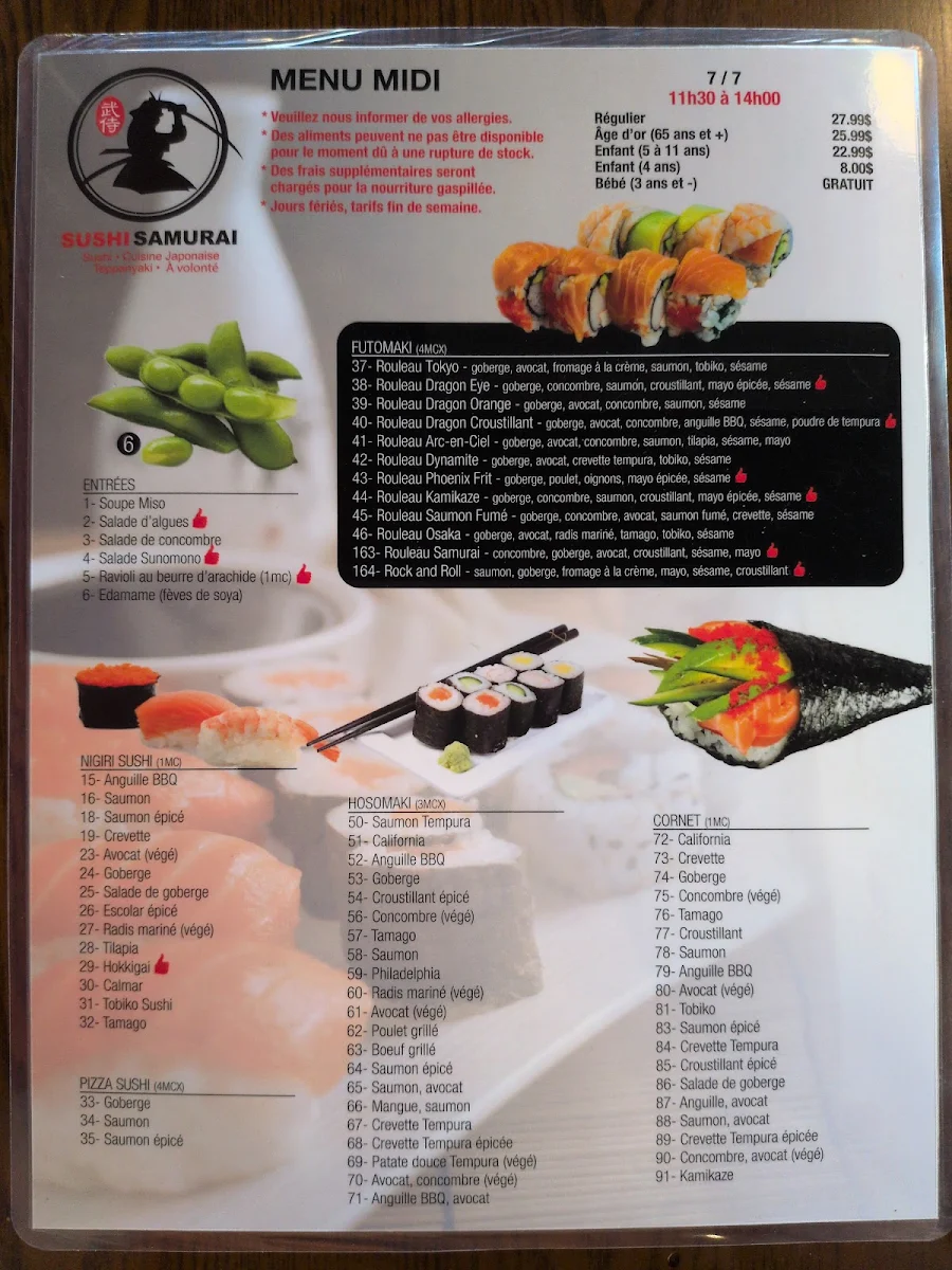 Menu, Sushi Samurai