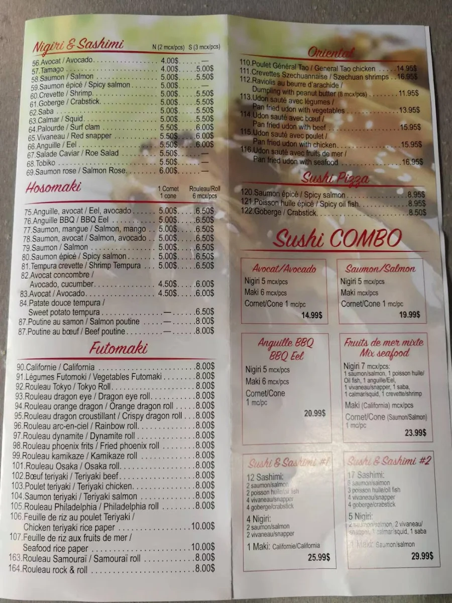 Menu, Sushi Samurai