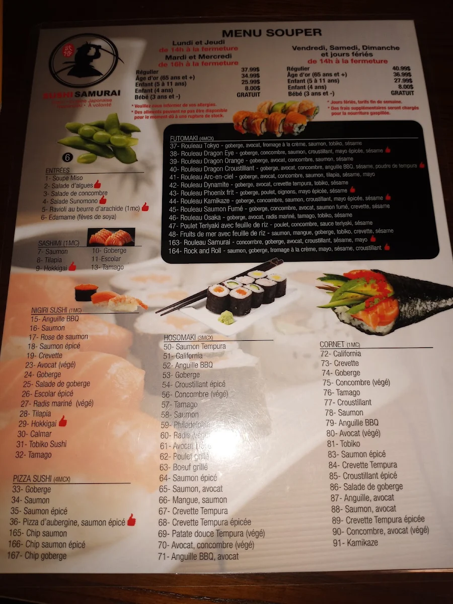Menu, Sushi Samurai
