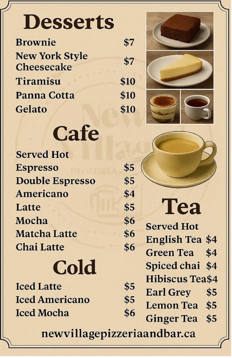 Menu, New village pizzeria and bar