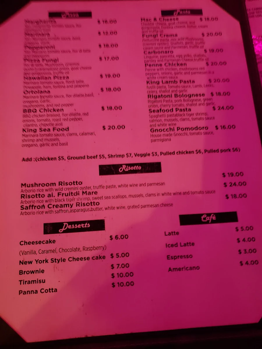 Menu, New village pizzeria and bar