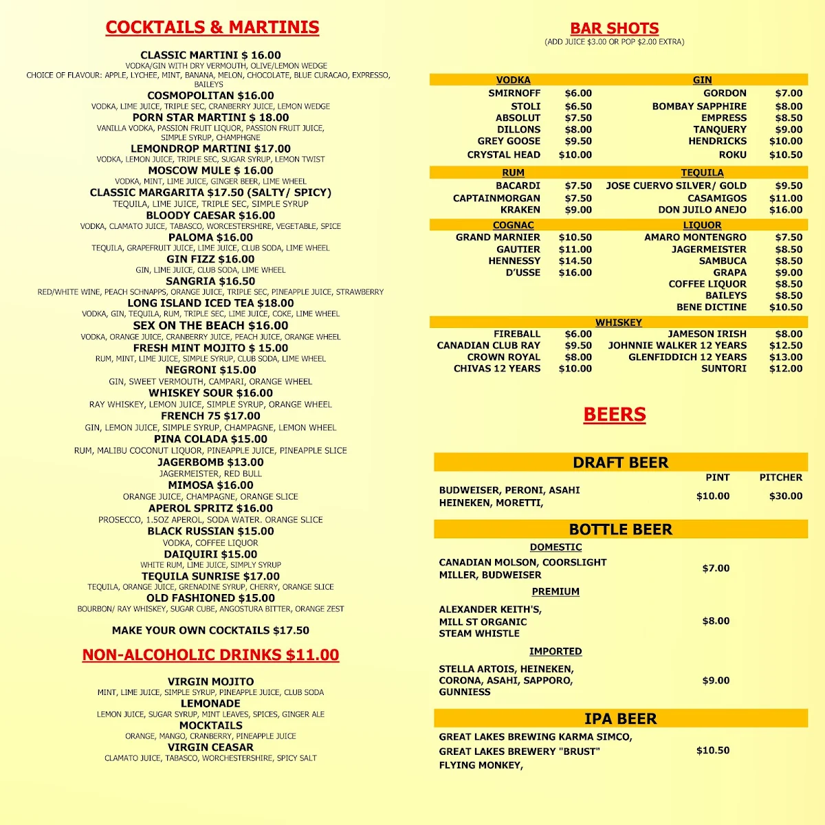 Menu, New village pizzeria and bar