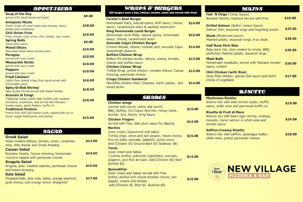 Menu, New village pizzeria and bar