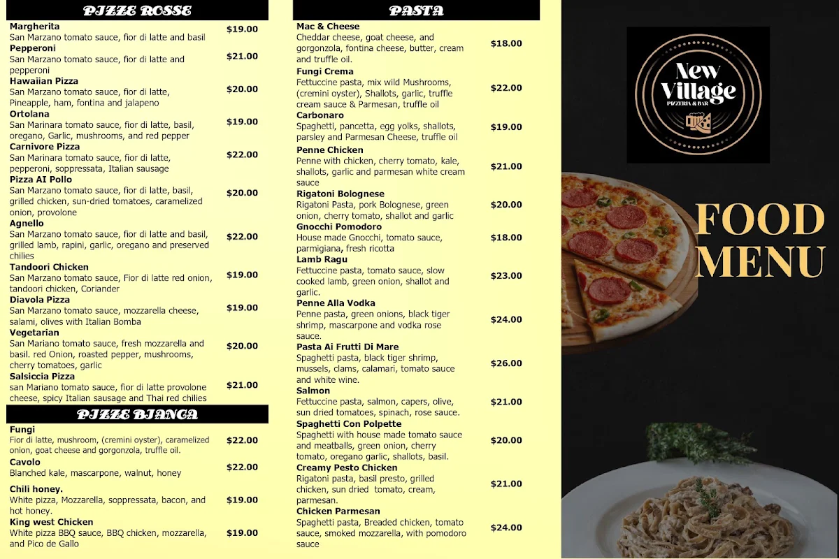 Menu, New village pizzeria and bar