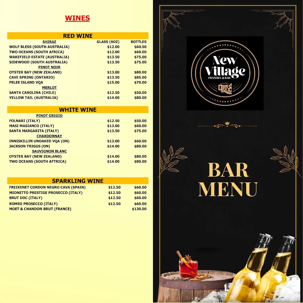 Menu, New village pizzeria and bar