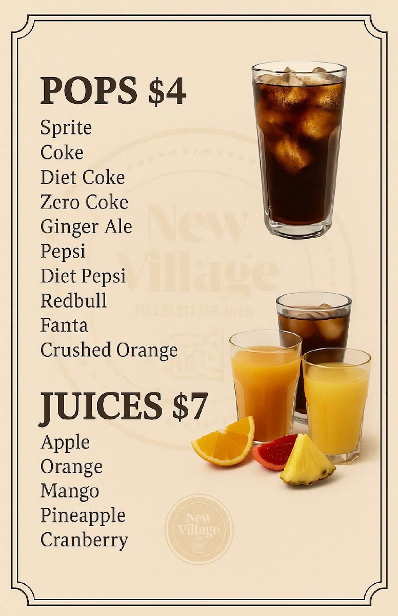 Menu, New village pizzeria and bar