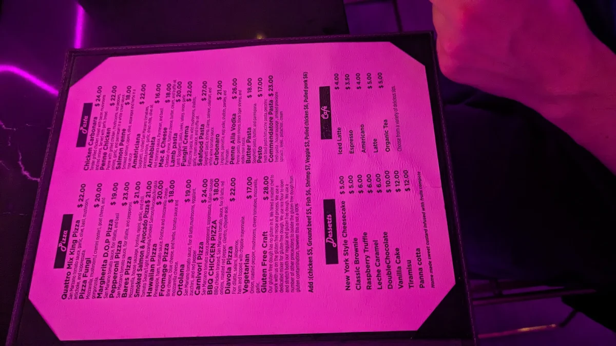Menu, New village pizzeria and bar