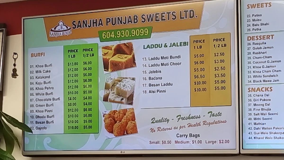 Menu, Sanjha Punjab Sweethouse Ltd