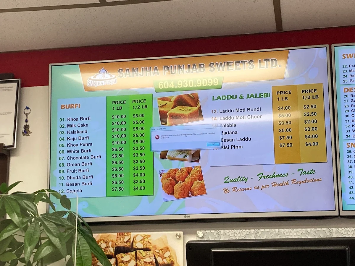 Menu, Sanjha Punjab Sweethouse Ltd
