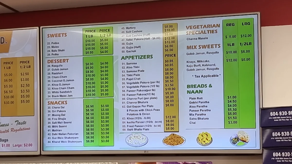 Menu, Sanjha Punjab Sweethouse Ltd