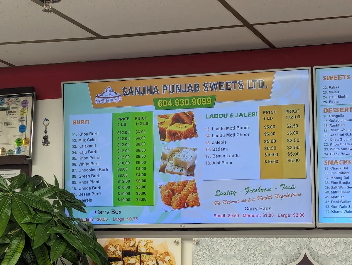 Menu, Sanjha Punjab Sweethouse Ltd