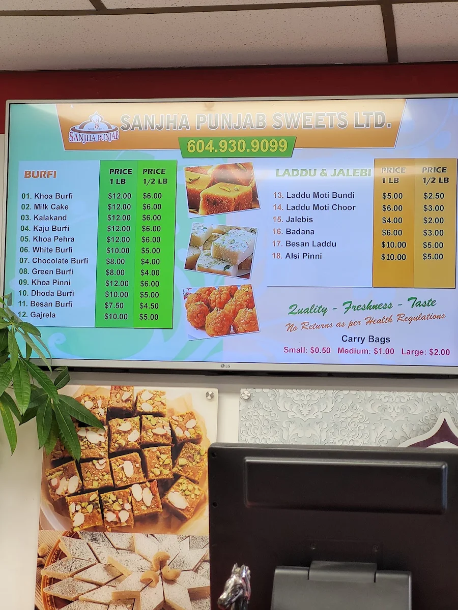Menu, Sanjha Punjab Sweethouse Ltd
