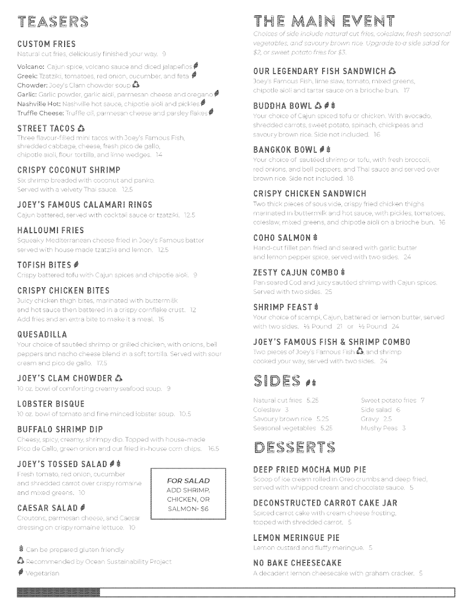 Menu, Joey's Fish Shack - Medicine Hat