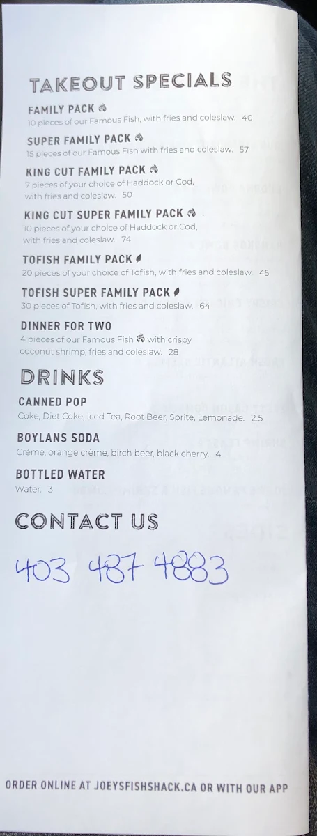 Menu, Joey's Fish Shack - Medicine Hat