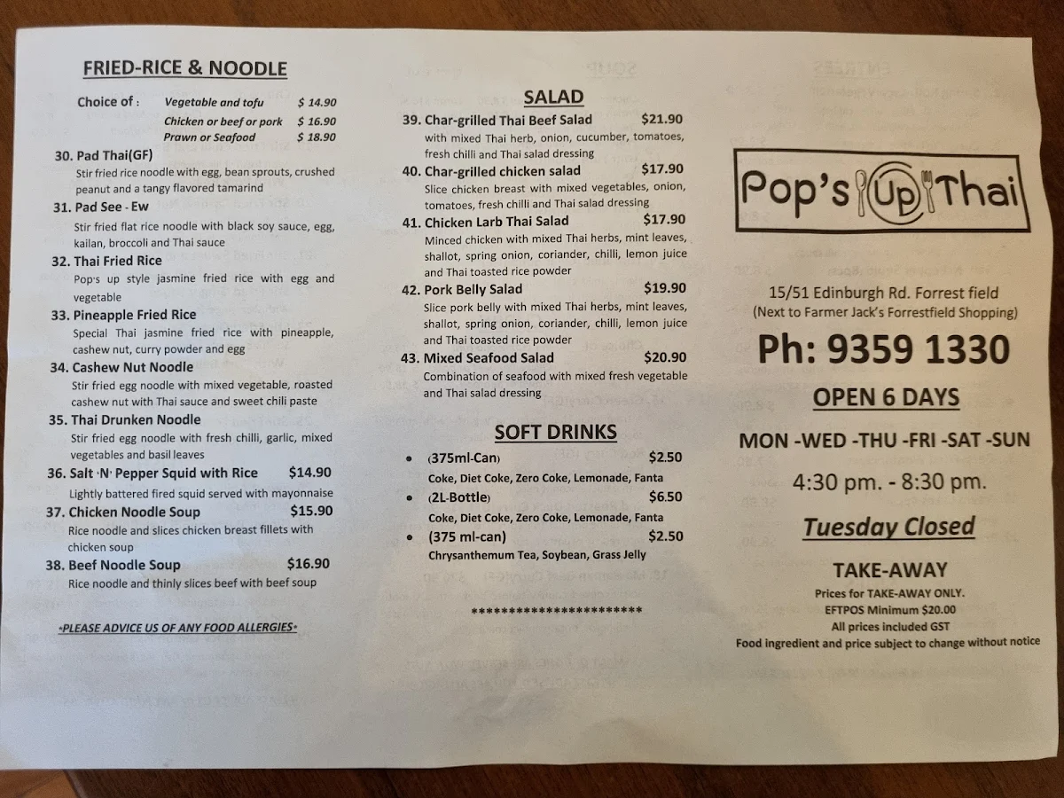Menu, Pops Up Thai