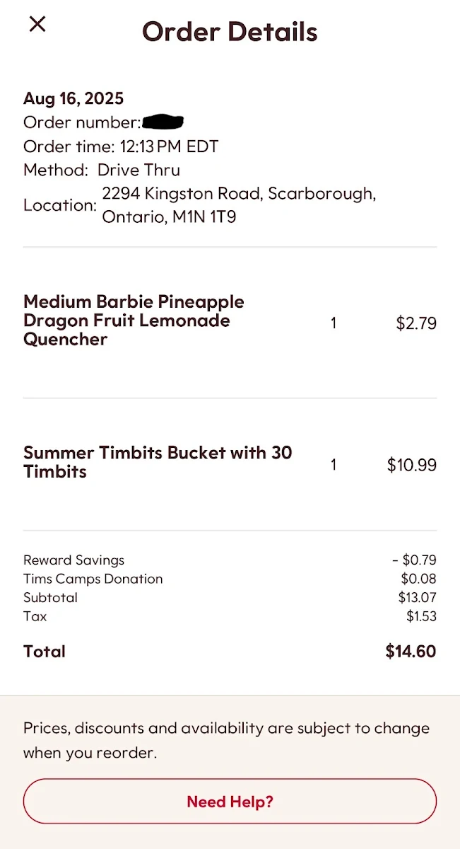 Menu, Tim Hortons