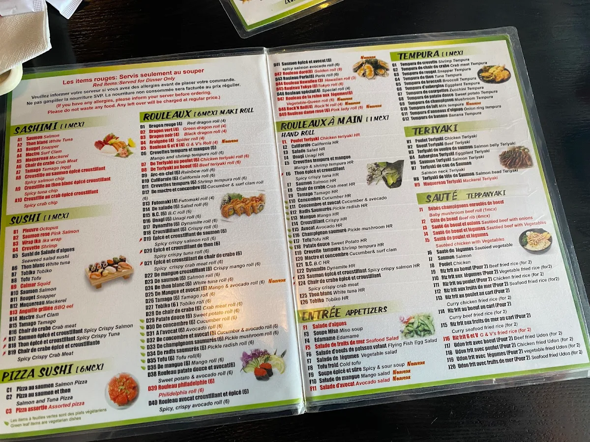 Menu, G&V Sushi