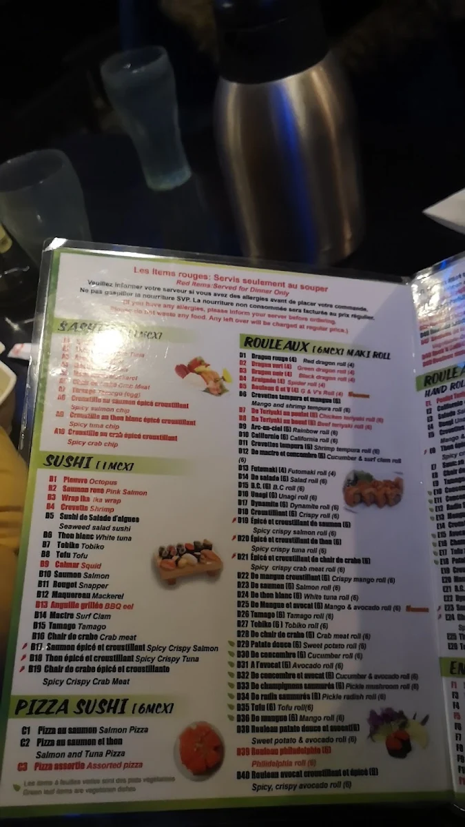 Menu, G&V Sushi
