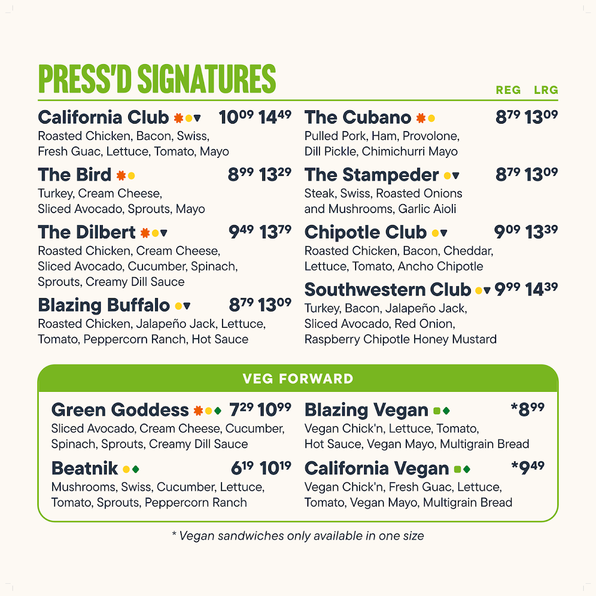 Menu, Press’d Sandwich Shop